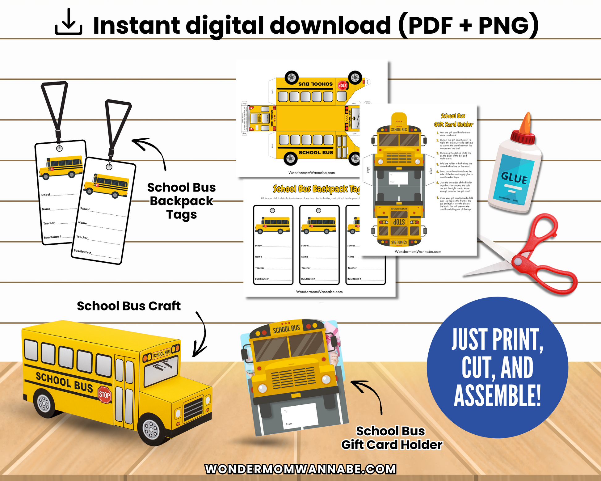 The Wondermom Shop School Bus Safety Printable Pack for Kids includes backpack tags, a paper school bus craft, and a gift card holder—ideal for teaching bus rules or fun safety activities, shown with scissors and glue on a wooden surface.
