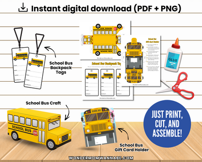 The Wondermom Shop School Bus Safety Printable Pack for Kids includes backpack tags, a paper school bus craft, and a gift card holder—ideal for teaching bus rules or fun safety activities, shown with scissors and glue on a wooden surface.