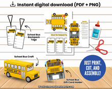 Load image into Gallery viewer, The Wondermom Shop School Bus Safety Printable Pack for Kids includes backpack tags, a paper school bus craft, and a gift card holder—ideal for teaching bus rules or fun safety activities, shown with scissors and glue on a wooden surface.
