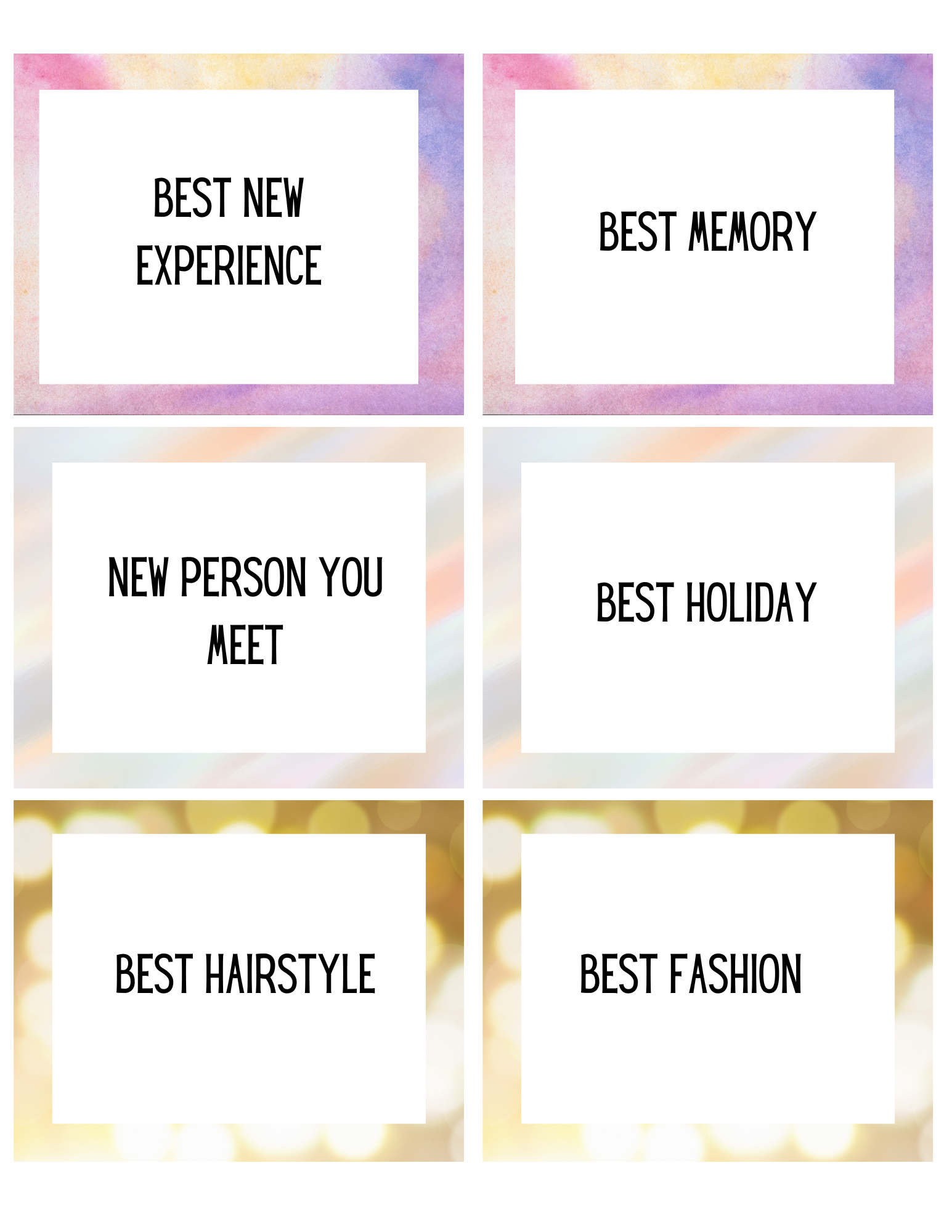 The Best and Worst of the Year Card Game by Wondermom Shop features six cards with text like "Best New Experience" and "Best Memory" on colorful backgrounds, ideal for sparking meaningful conversations during New Year's celebrations.