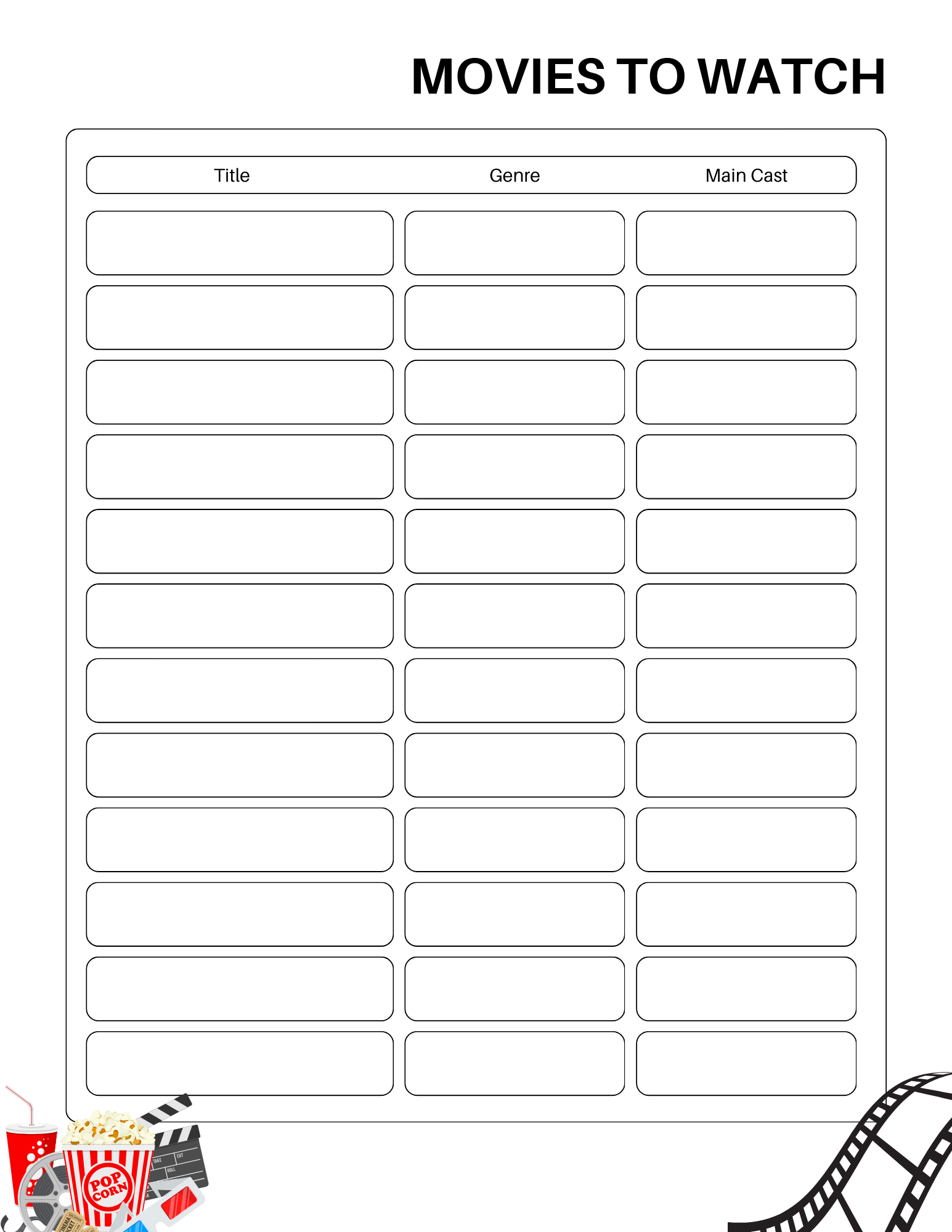 The VIP Vault "Movie Journal" features a blank "Movies to Watch" chart with columns for Title, Genre, and Main Cast. Rows await your entries, surrounded by popcorn and film reel graphics—ideal for documenting reviews as you embark on a journey of family fun and bonding.