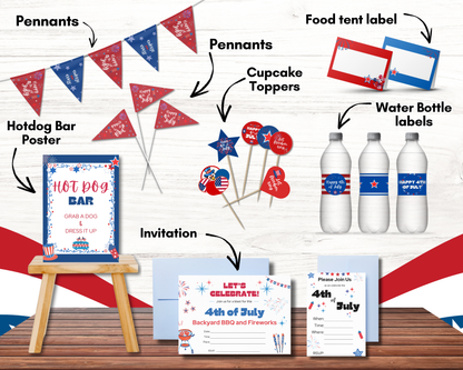 The Wondermom Shop Printable 4th of July Party Pack includes pennants, cupcake toppers, invitations, food tent labels, water bottle labels, and a hot dog bar poster—perfect decor for your Independence Day celebration.