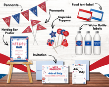 Load image into Gallery viewer, The Wondermom Shop Printable 4th of July Party Pack includes pennants, cupcake toppers, invitations, food tent labels, water bottle labels, and a hot dog bar poster—perfect decor for your Independence Day celebration.

