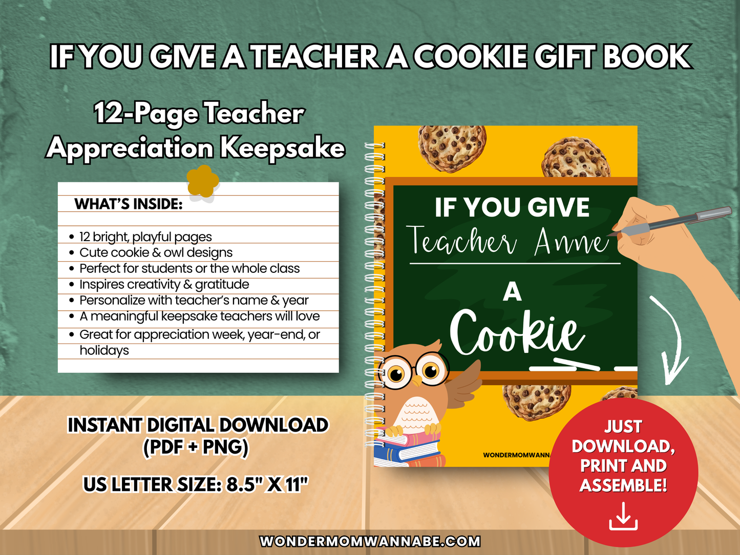 Promotional graphic of the customizable 12-page teacher appreciation gift book with playful cookie and owl designs.