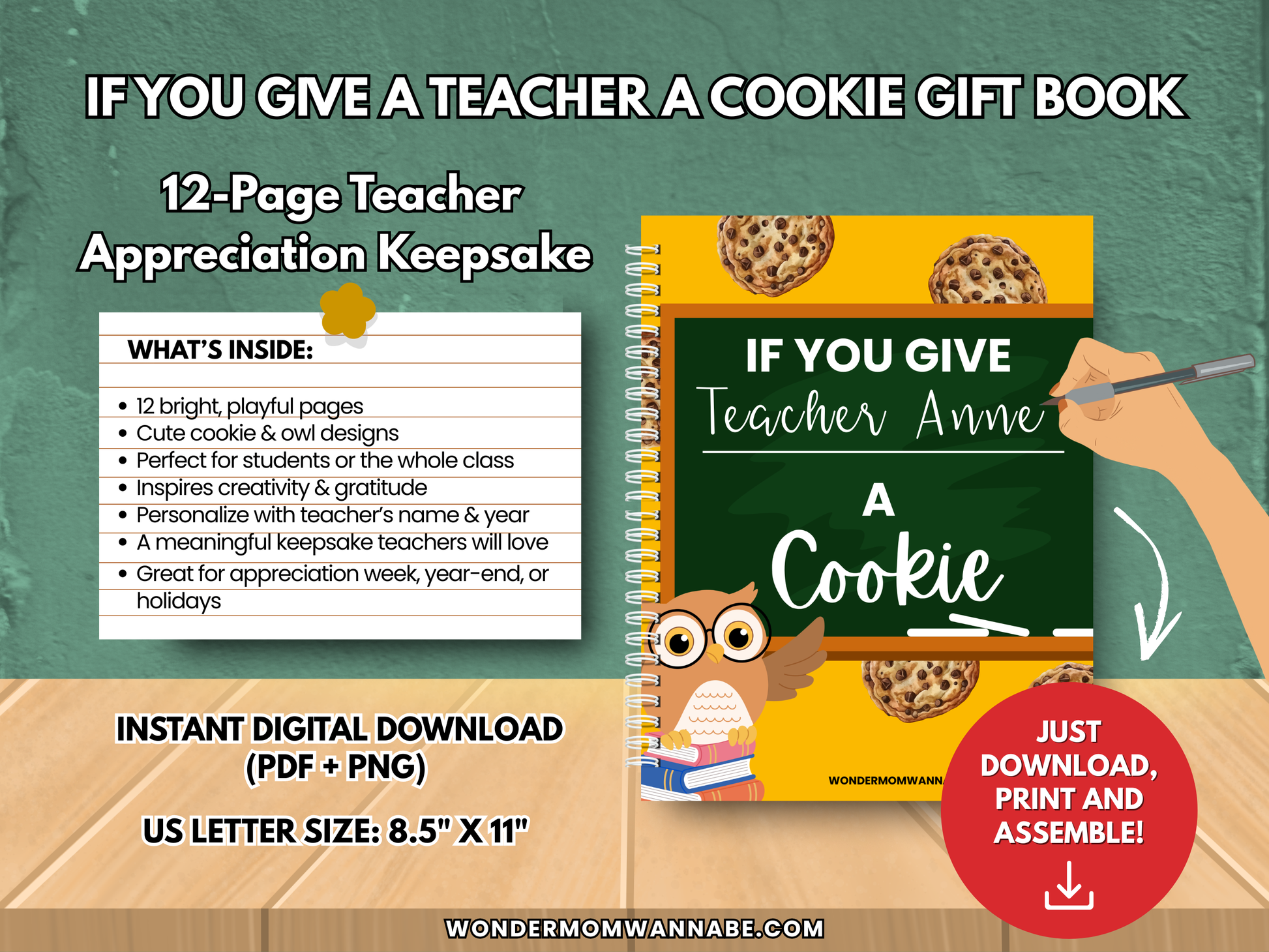 Promotional graphic of the customizable 12-page teacher appreciation gift book with playful cookie and owl designs.