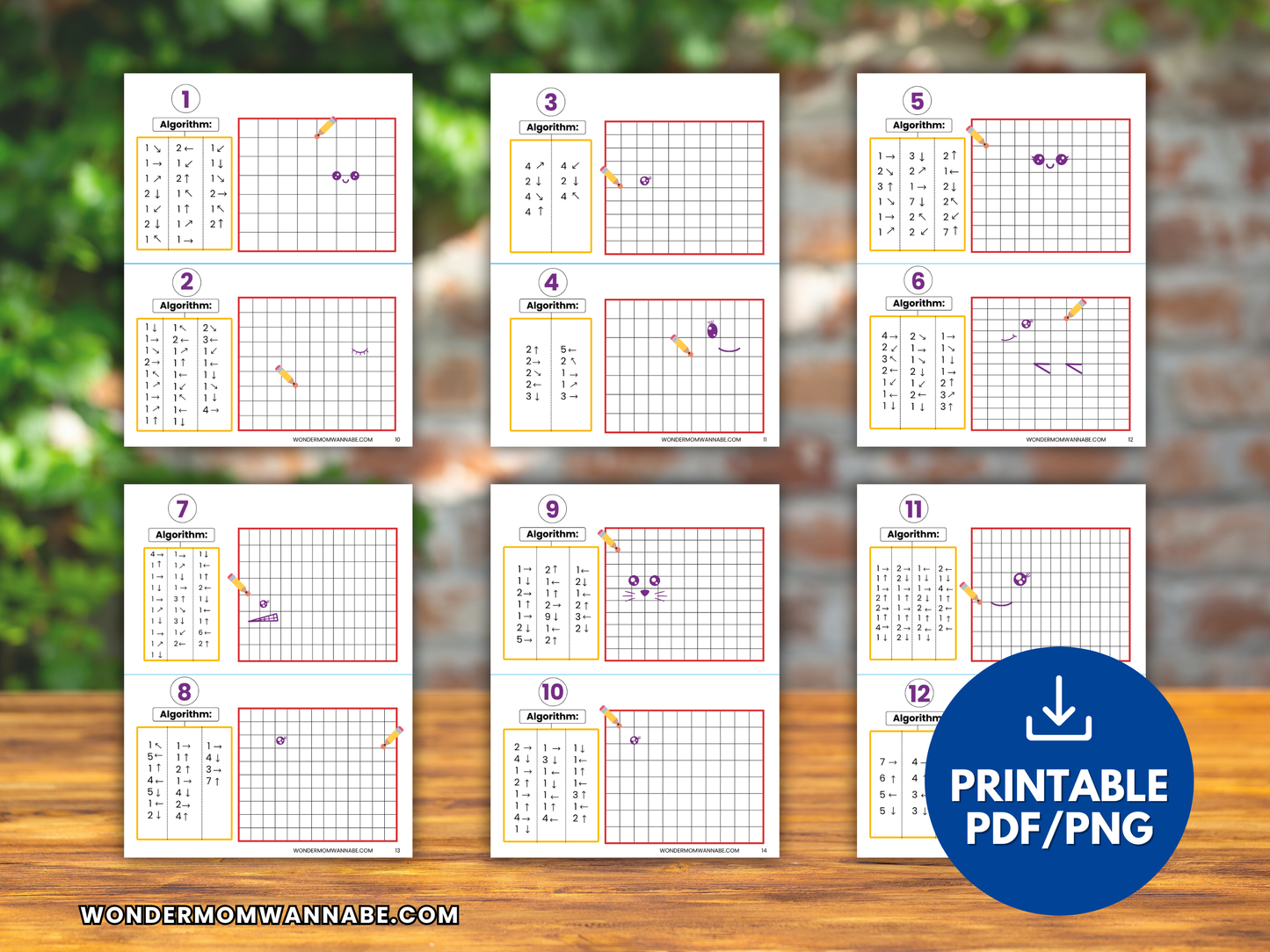 Printable kids coding workbook pages showing algorithm grid activities in PDF/PNG format.