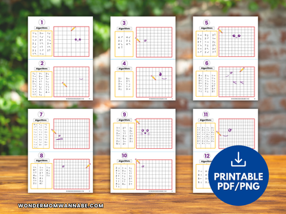 Printable kids coding workbook pages showing algorithm grid activities in PDF/PNG format.