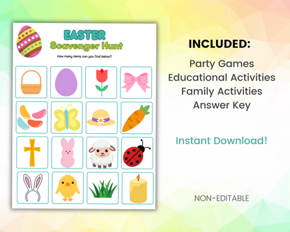 The Easter Game Pack from Wondermom Shop features a scavenger hunt game sheet with icons like a butterfly, carrot, and chick. It includes text on Easter games and family activities with an educational twist. Perfect for parties, it offers an instant download for endless fun!.