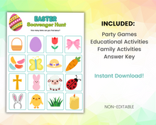 Load image into Gallery viewer, The Easter Game Pack from Wondermom Shop features a scavenger hunt game sheet with icons like a butterfly, carrot, and chick. It includes text on Easter games and family activities with an educational twist. Perfect for parties, it offers an instant download for endless fun!.
