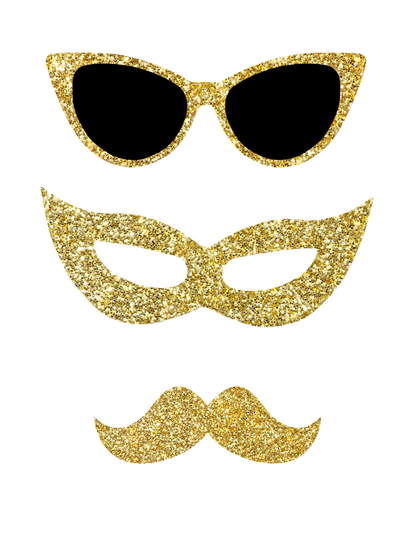 Wondermom Shop's New Year Photo Booth Props with gold glitter sunglasses, mask, and mustache on a white background are ideal for photo booth fun at your 2025 New Year’s Eve party.