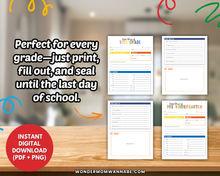 Load image into Gallery viewer, The School Time Capsule by Wondermom Shop features four printable &quot;First Day&quot; school interview sheets for various grades—a perfect school year keepsake and instant digital download.
