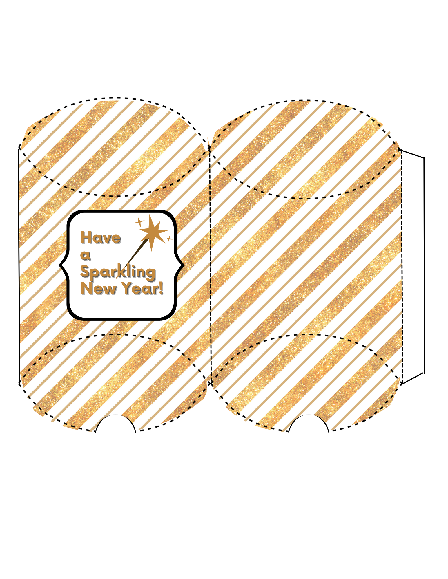 Add a festive touch to your celebration with Wondermom Printables' New Year Treat Boxes, featuring diagonal gold glitter stripes and a speech bubble saying "Have a Sparkling New Year!" Customize these boxes for unforgettable party favors.