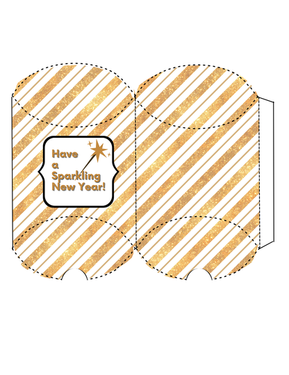 Add a festive touch to your celebration with Wondermom Printables' New Year Treat Boxes, featuring diagonal gold glitter stripes and a speech bubble saying "Have a Sparkling New Year!" Customize these boxes for unforgettable party favors.