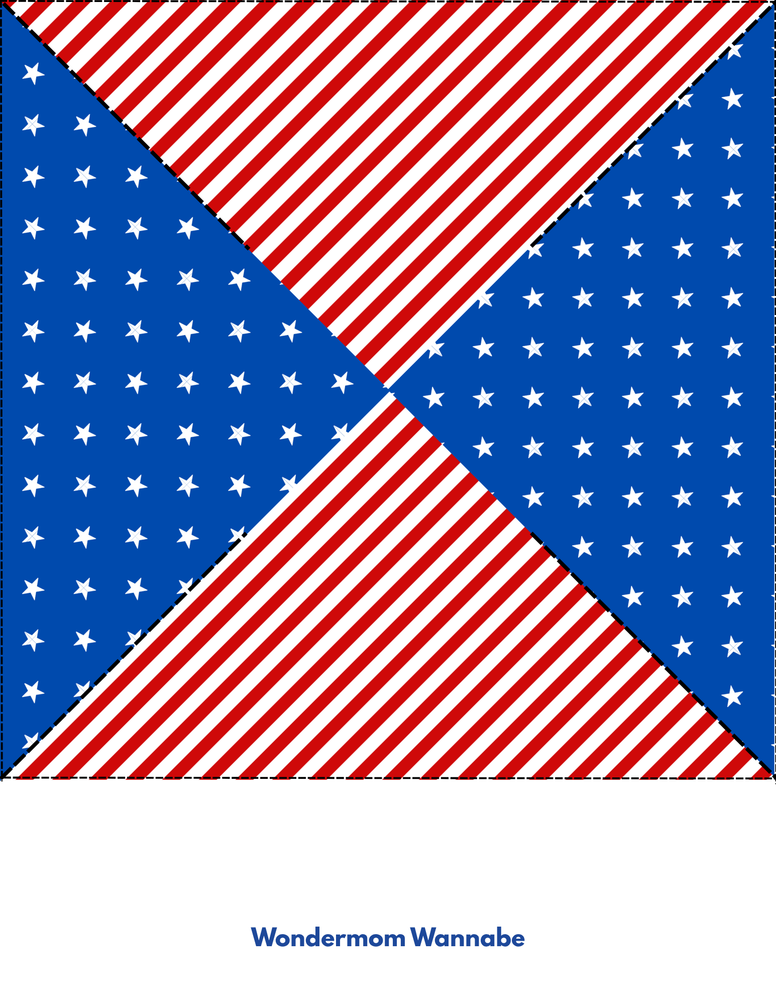 The Easy 4th of July Pinwheel Craft for Kids from Wondermom Shop features red and white diagonal stripes, blue triangles with stars, and "Wondermom Wannabe" text—perfect for patriotic activities or printable DIY pinwheels.