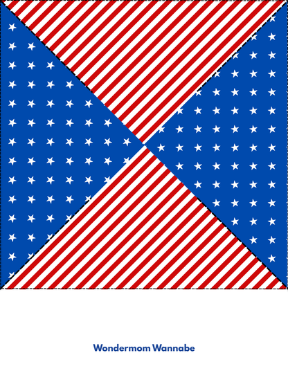 The Easy 4th of July Pinwheel Craft for Kids from Wondermom Shop features red and white diagonal stripes, blue triangles with stars, and "Wondermom Wannabe" text—perfect for patriotic activities or printable DIY pinwheels.