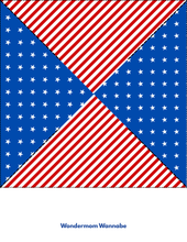 Load image into Gallery viewer, The Easy 4th of July Pinwheel Craft for Kids from Wondermom Shop features red and white diagonal stripes, blue triangles with stars, and &quot;Wondermom Wannabe&quot; text—perfect for patriotic activities or printable DIY pinwheels.

