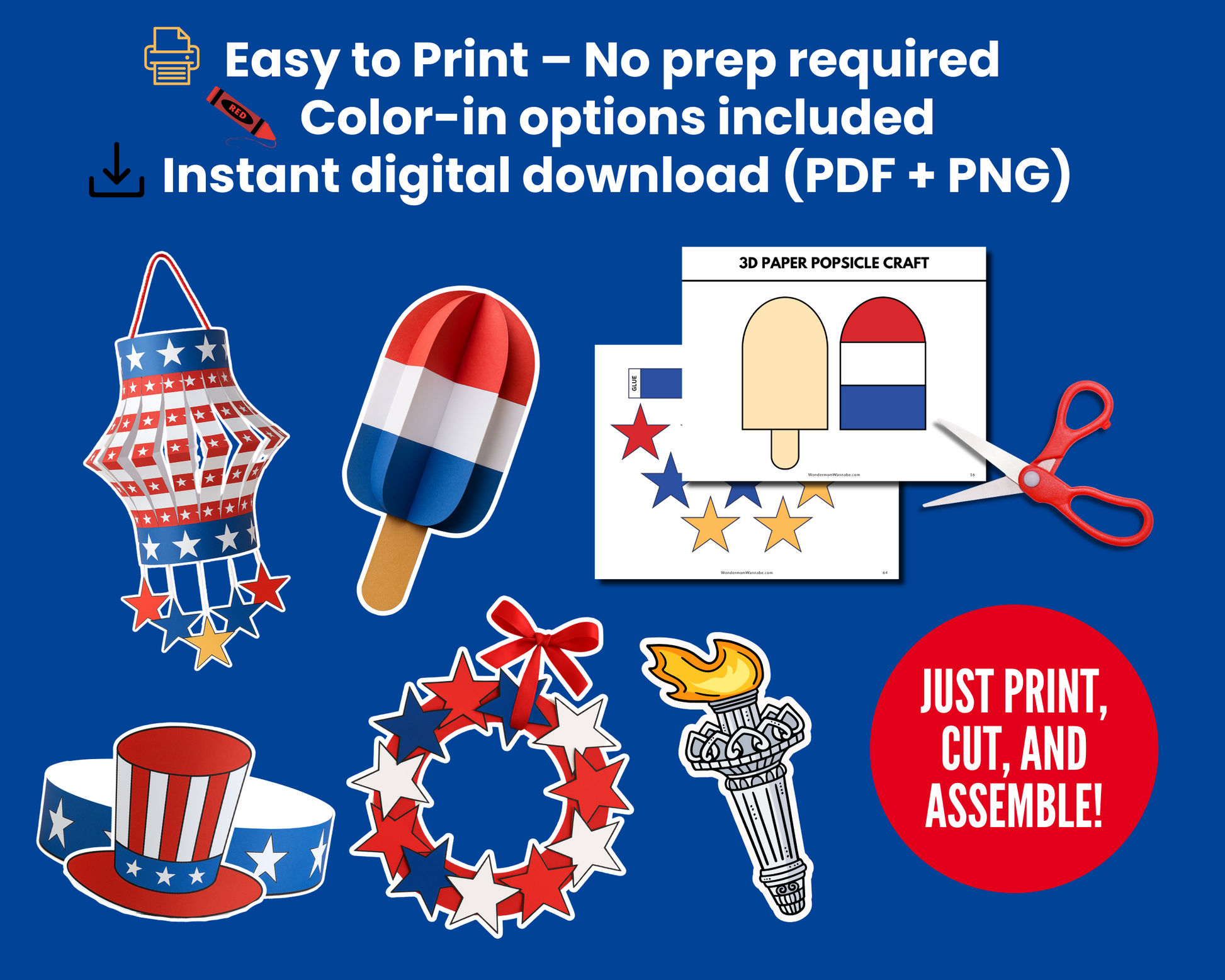 Stars, Stripes & Scissors: 4th of July Crafts for Kids by Wondermom Shop includes printable patriotic cutouts—popsicle, hat, torch, wreath, color-in pages—with scissors and assembly guides. Great for festive Independence Day projects!.