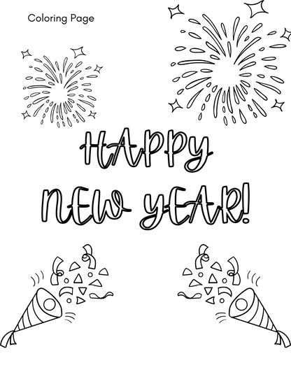 Celebrate the New Year with Wondermom Shop's Kid’s New Year’s Eve Pack, featuring a festive coloring page of fireworks and party poppers.