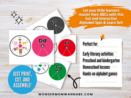 Wondermom Shop’s Alphabet Spin & Learn – Printable Letter Spinners is a colorful, engaging set with spinners and example cards that helps preschool and kindergarten kids build early literacy and letter recognition skills.
