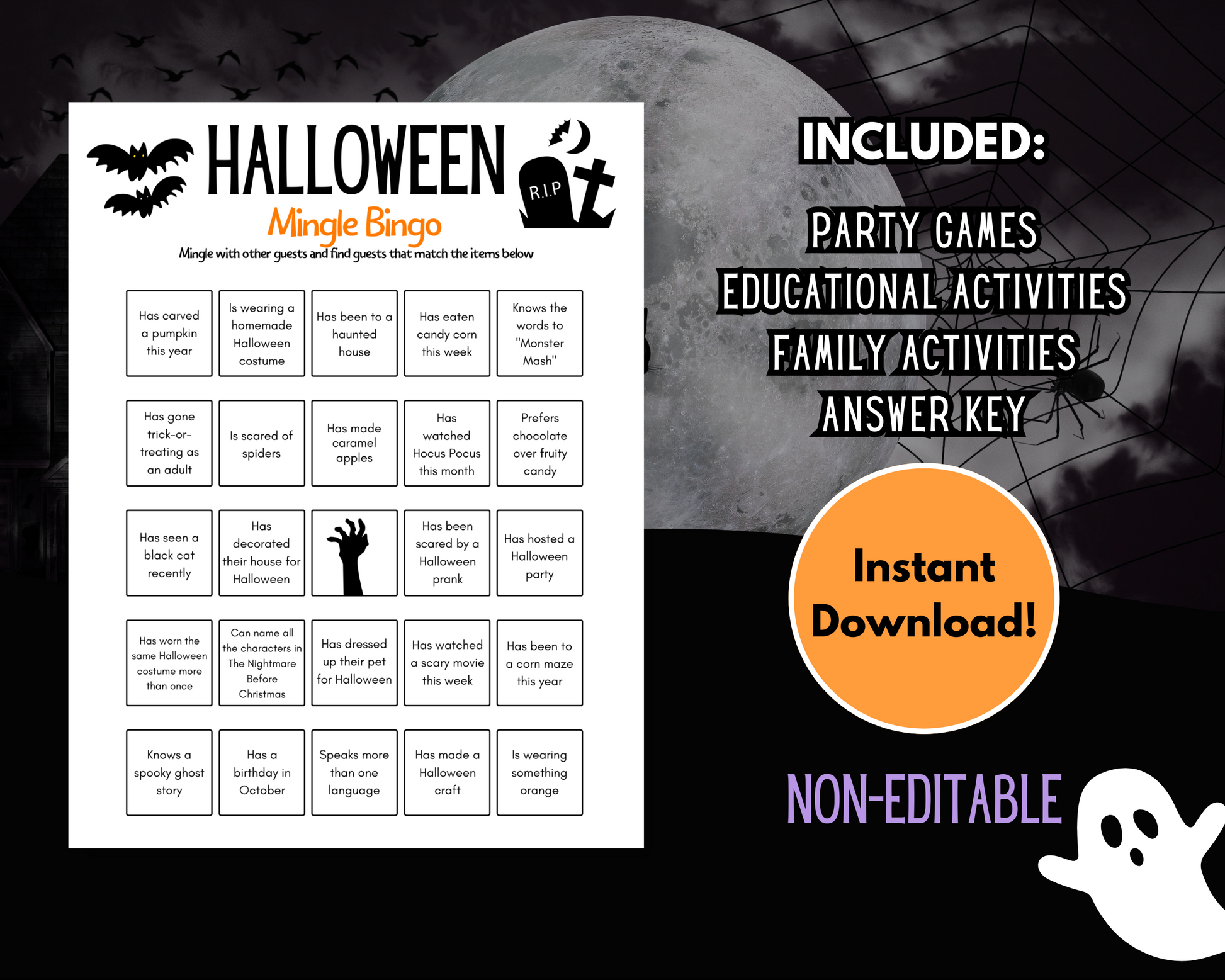 This Halloween-themed Mingle Bingo game sheet, available in the Ultimate Printable Halloween Game Pack by Wondermom Shop, includes various squares for players to match with others based on fun statements. The image showcases a list of items included in the pack, an "Instant Download!" badge, and a cute ghost graphic for added spooky fun.