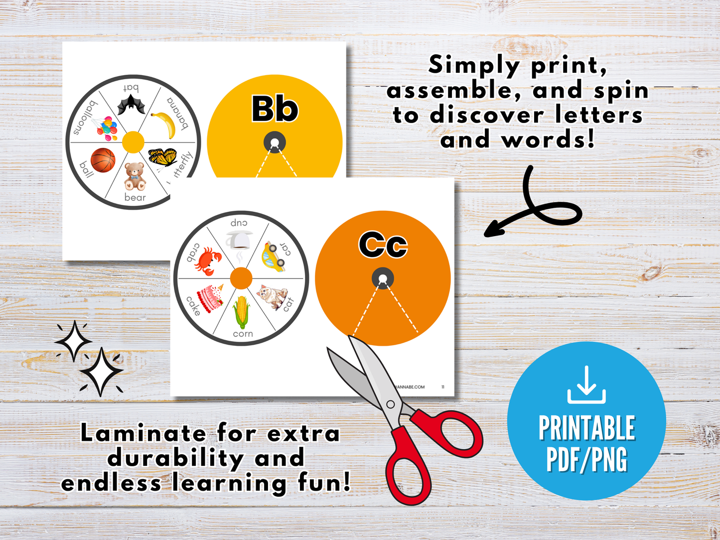 The Wondermom Shop’s Alphabet Spin & Learn – Printable Letter Spinners for B and C feature image-rich activities for letter recognition and alphabet learning. Includes detailed instructions for printing, laminating, and assembly.
