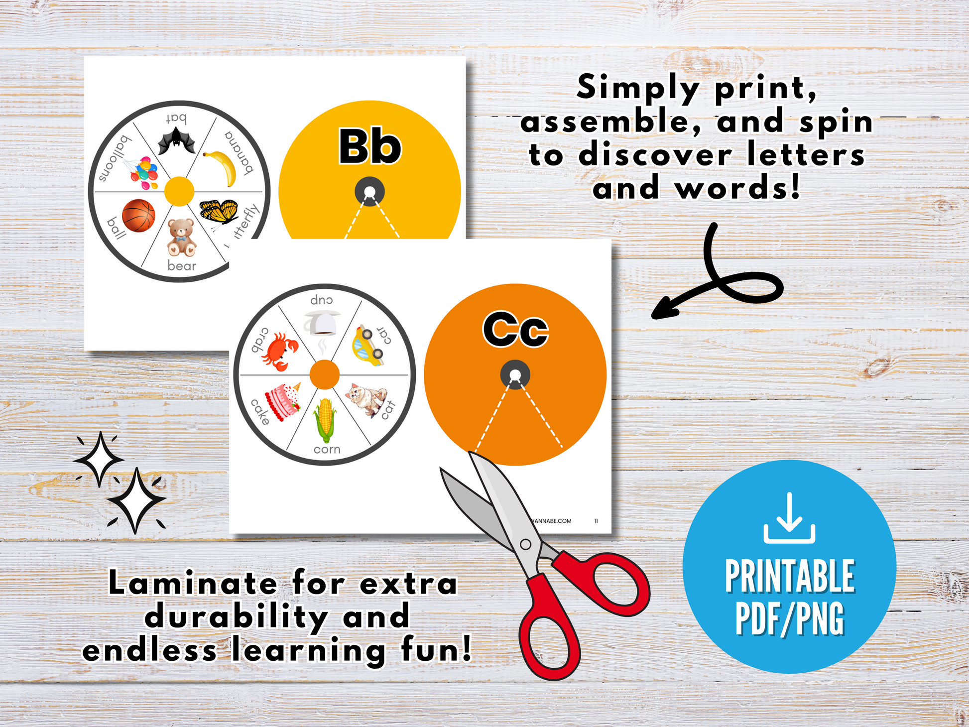 The Wondermom Shop’s Alphabet Spin & Learn – Printable Letter Spinners for B and C feature image-rich activities for letter recognition and alphabet learning. Includes detailed instructions for printing, laminating, and assembly.