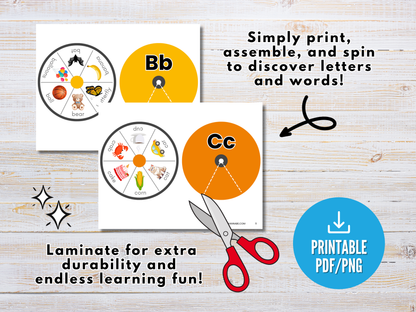 The Wondermom Shop’s Alphabet Spin & Learn – Printable Letter Spinners for B and C feature image-rich activities for letter recognition and alphabet learning. Includes detailed instructions for printing, laminating, and assembly.