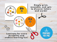 Load image into Gallery viewer, The Wondermom Shop’s Alphabet Spin &amp; Learn – Printable Letter Spinners for B and C feature image-rich activities for letter recognition and alphabet learning. Includes detailed instructions for printing, laminating, and assembly.
