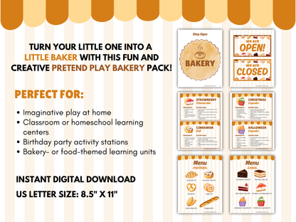 Printable Pretend Play Bakery pack with shop signs, recipe cards, menus, and bakery goods.