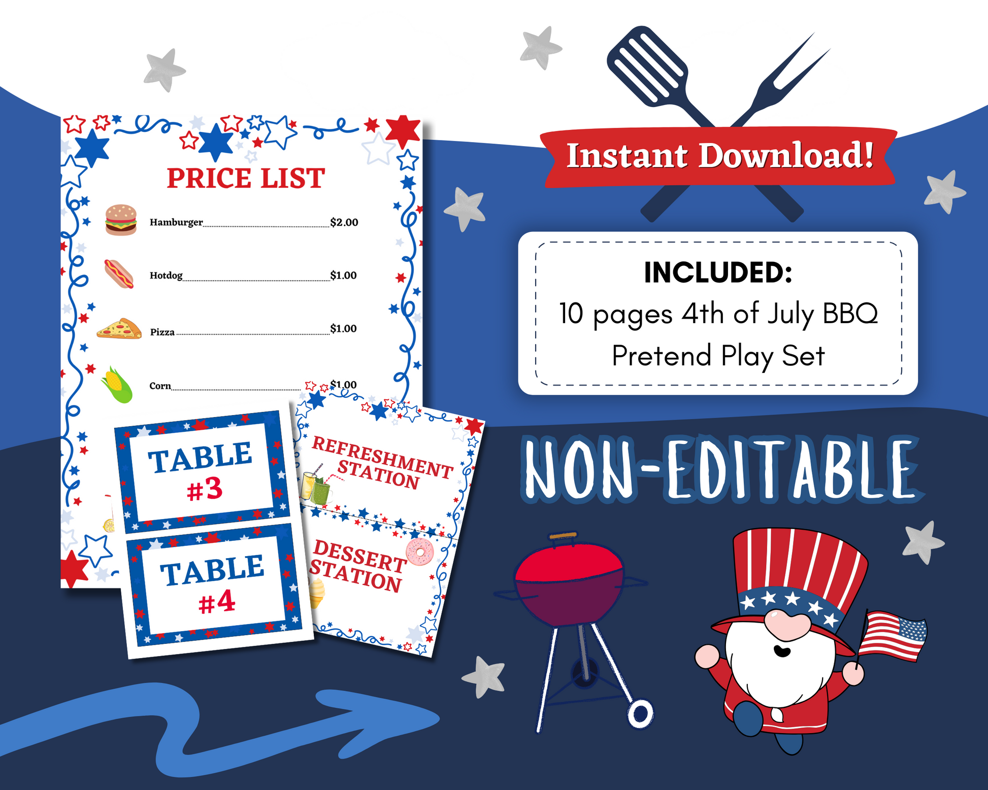 Ignite imaginative play with Wondermom Shop's 4th of July BBQ Pretend Play Set, including a price list, table cards, station signs, and a patriotic gnome. Instant Download and Non-Editable for your convenience.