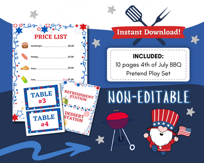 Ignite imaginative play with Wondermom Shop's 4th of July BBQ Pretend Play Set, including a price list, table cards, station signs, and a patriotic gnome. Instant Download and Non-Editable for your convenience.