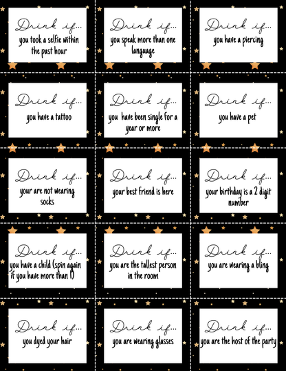 The New Year Drink If Game by Wondermom Printables offers a grid of cards with "Drink if..." prompts, such as having a tattoo or wearing glasses. The game’s black backgrounds with star designs create an ideal fun-filled activity for your New Year's celebration.