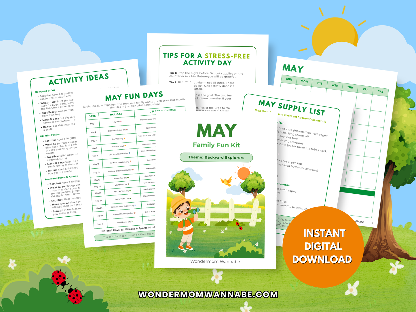 May Family Fun Kit bundle display with printable activity pages and instant digital download badge.