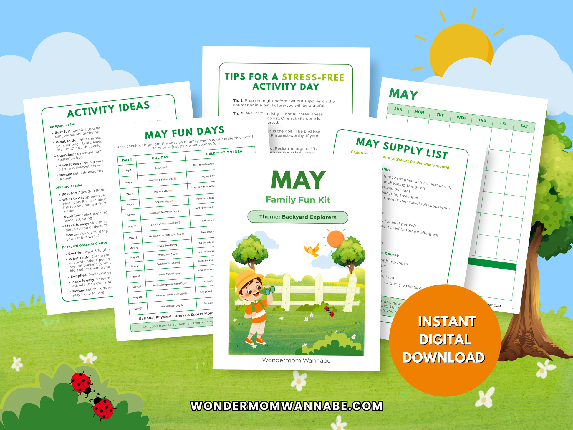 May Family Fun Kit bundle display with printable activity pages and instant digital download badge.