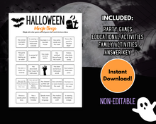 Load image into Gallery viewer, This Halloween-themed Mingle Bingo game sheet, available in the Ultimate Printable Halloween Game Pack by Wondermom Shop, includes various squares for players to match with others based on fun statements. The image showcases a list of items included in the pack, an &quot;Instant Download!&quot; badge, and a cute ghost graphic for added spooky fun.
