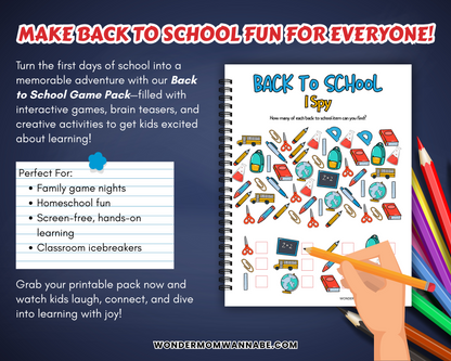Promote the Wondermom Shop’s Back to School Game Pack—printable classroom activities and games for kids, with school supply icons and a hand holding a pencil next to a spiral-bound activity book.