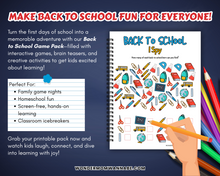 Load image into Gallery viewer, Promote the Wondermom Shop’s Back to School Game Pack—printable classroom activities and games for kids, with school supply icons and a hand holding a pencil next to a spiral-bound activity book.
