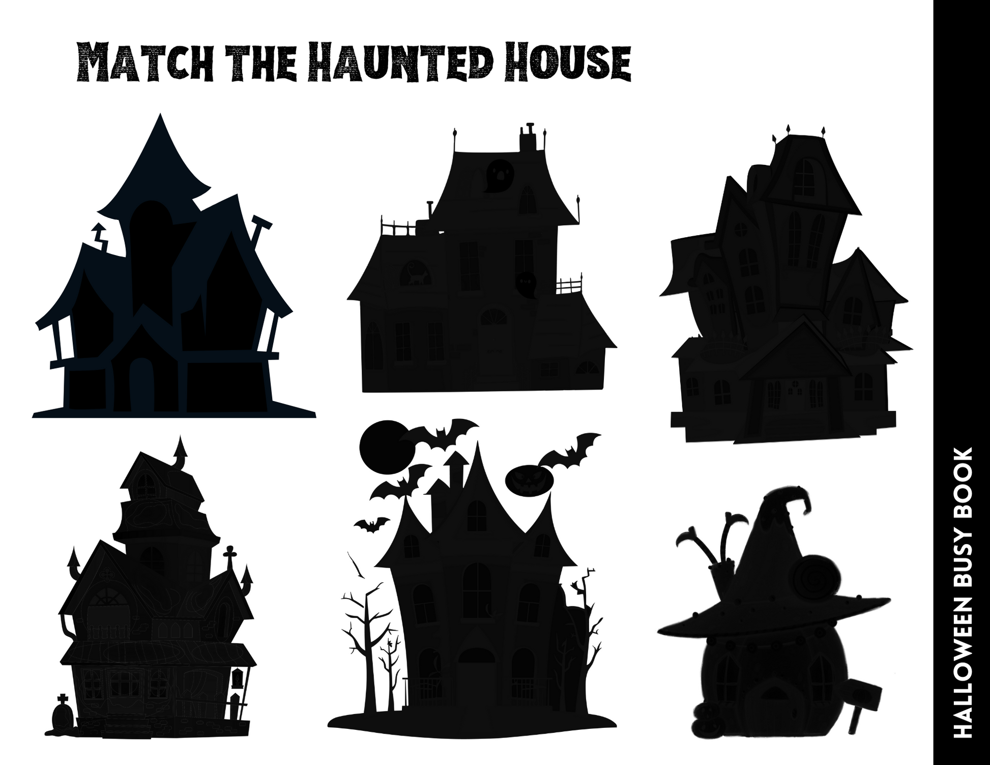 Six uniquely shaped haunted house silhouettes invite children to tackle the challenge "Match the Haunted House," offering Halloween-themed activities. The "Halloween Busy Book for Kids" by Wondermom Shop adds a spooky twist to learning through play, engaging and enriching young minds in a fun and festive manner.