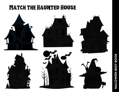 Six uniquely shaped haunted house silhouettes invite children to tackle the challenge "Match the Haunted House," offering Halloween-themed activities. The "Halloween Busy Book for Kids" by Wondermom Shop adds a spooky twist to learning through play, engaging and enriching young minds in a fun and festive manner.