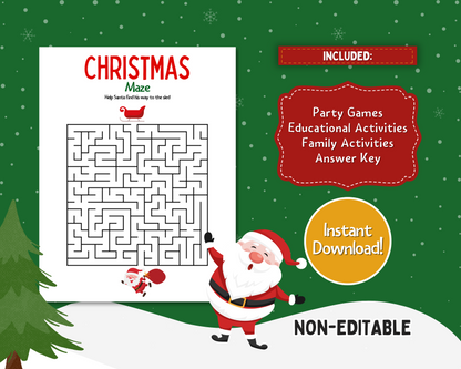 Discover the Ultimate Printable Christmas Game Pack from Wondermom Shop, complete with a festive Santa maze puzzle. Enjoy holiday games and activities, educational fun, and family-friendly challenges. Instantly download this non-editable set featuring a snowy backdrop with trees. Answer key included!