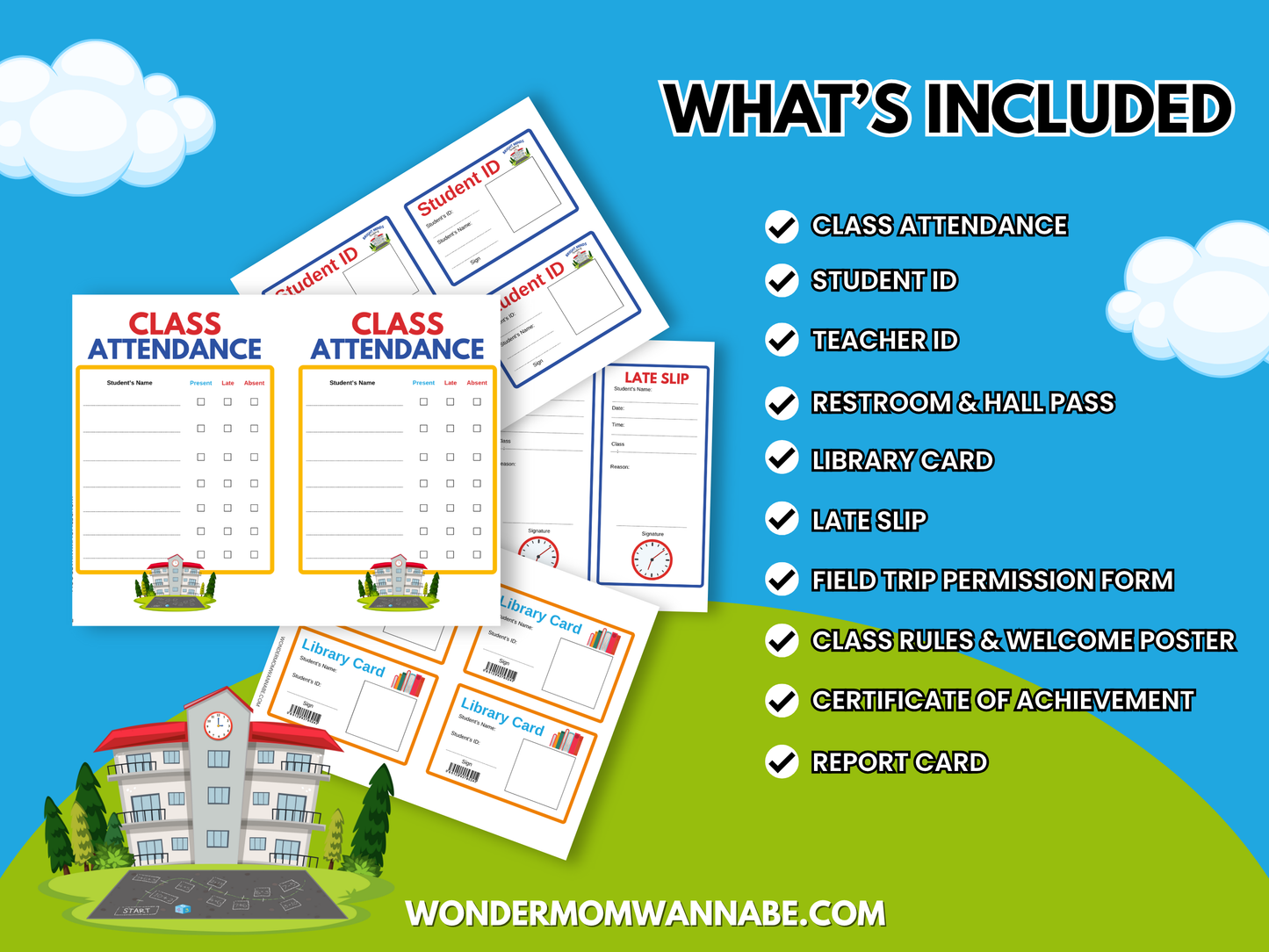 The Wondermom Shop’s Bright Minds Academy Printable Pretend Play School Kit for Kids features sample images of attendance sheets, ID cards, passes, forms, certificates, and report cards on a school-themed background—ideal for early learning fun.