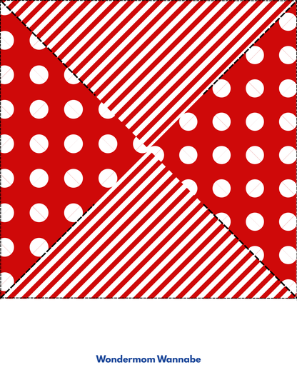 A red square split into four triangles—two with white polka dots, two with red and white stripes—ideal for patriotic crafts. "Wondermom Shop" easy 4th of July Pinwheel Craft for Kids. "Wondermom Wannabe" appears below.