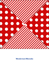 Load image into Gallery viewer, A red square split into four triangles—two with white polka dots, two with red and white stripes—ideal for patriotic crafts. &quot;Wondermom Shop&quot; easy 4th of July Pinwheel Craft for Kids. &quot;Wondermom Wannabe&quot; appears below.
