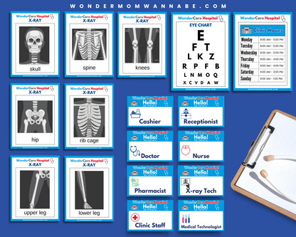 The Wondermom Shop Pretend Play Hospital Printable Kit for Kids includes X-rays, medical forms, staff badges, and more—everything needed for a fun WonderCare role play clinic.