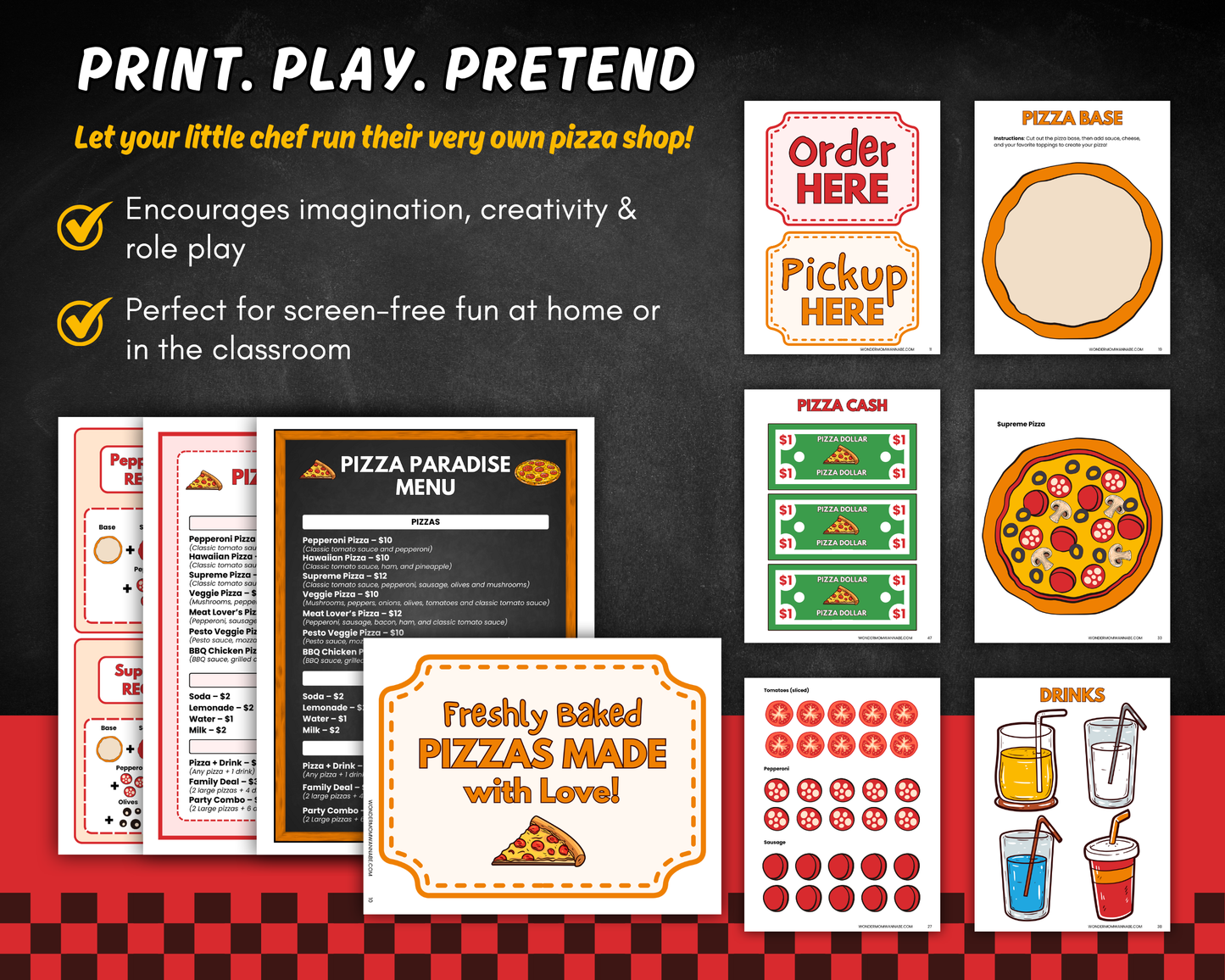 Print, Play, Pretend – Pretend Play Pizza Store kit encourages imagination, creativity, and role play. Perfect for screen-free fun at home or in classrooms.