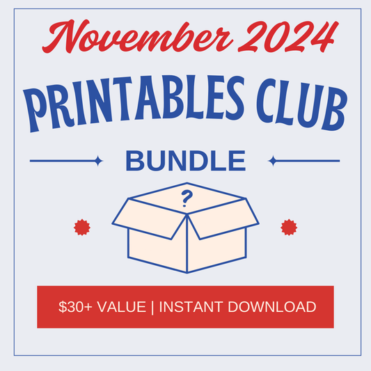 Square graphic for Wondermom Shop’s “November 2024 Printables Club Bundle,” featuring a box illustration. Highlights "$30+ value | instant download." Includes Thanksgiving activity pack and printable gratitude journal pages.