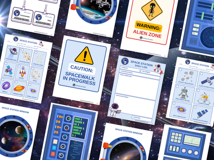 Space Station printable set including observation sheet, spacewalk signs, ID badges, daily logs, space station window posters, and fun space-themed activities for kids' pretend play.
