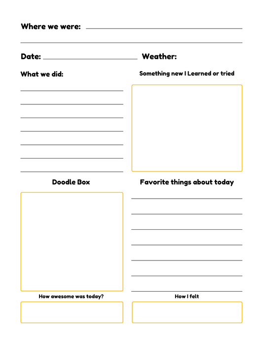 Capture vacation memories with the Wondermom Shop Travel Journal for Kids—Fun, Easy & Memorable Vacation Keepsake! This printable PDF log features sections for location, date, weather, activities, new experiences, favorite things & ratings.