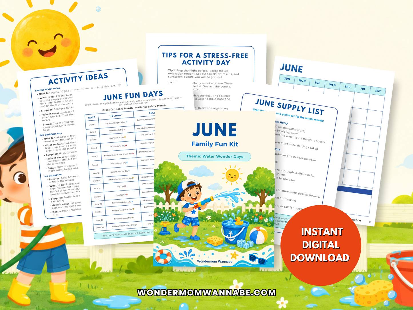 June water-themed family activity kit with printable pages, cover, and instant download badge.