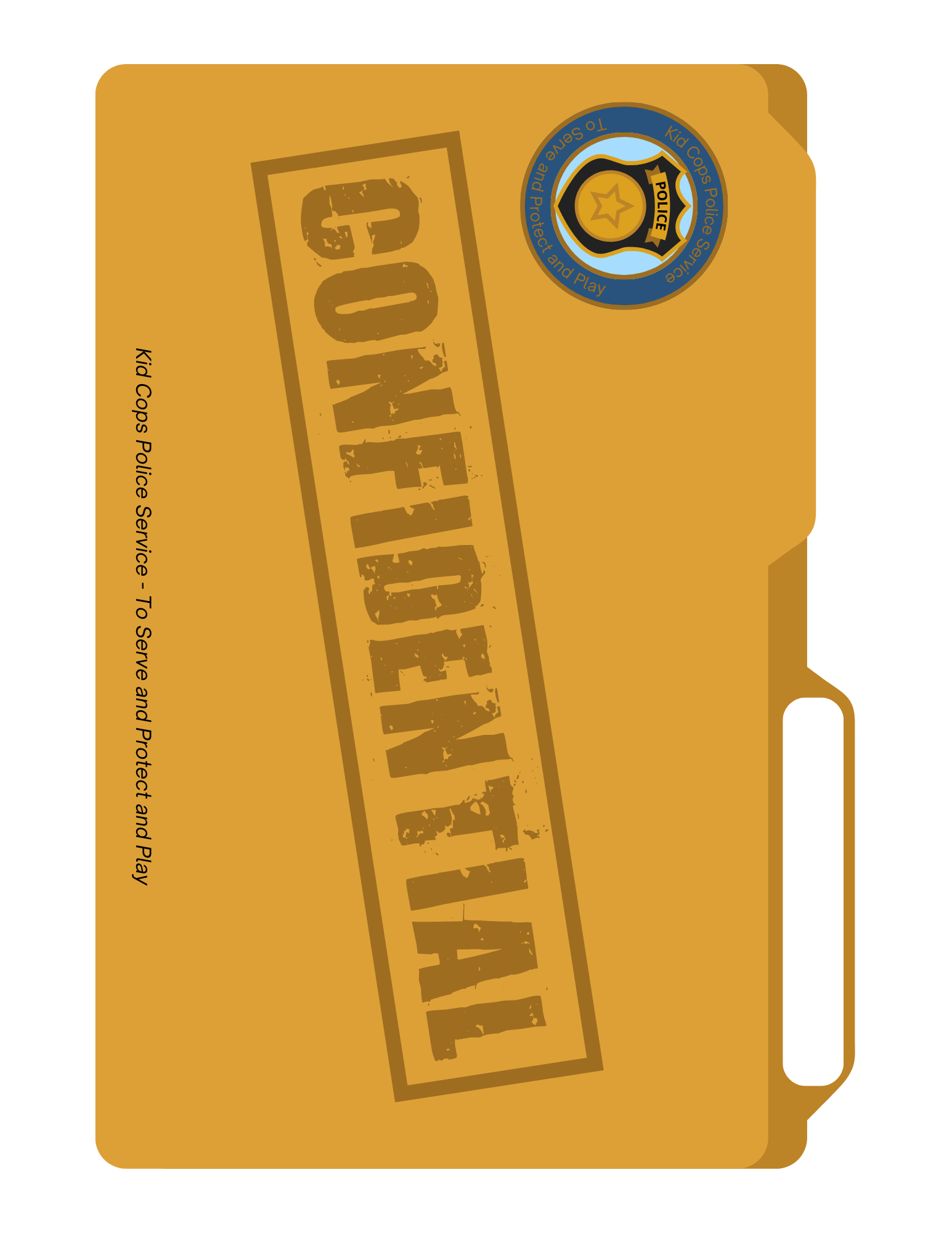 Introducing the Wondermom Shop's Police Station Pretend Play set: a brown folder labeled "Confidential" adorned with a badge in the top right corner, perfect for imaginative play. The side of the folder proudly displays, "Kid Cops – Police Service – To Serve and Protect and Play," making it feel like an authentic piece straight from a police station kit.